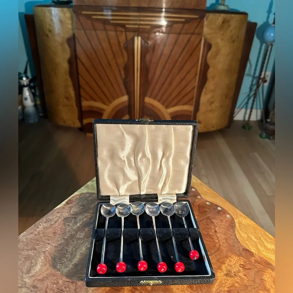 Barware 1930s Art Deco Bakelite Cherry Tipped English EPNS Muddlers ~ Boxed Set